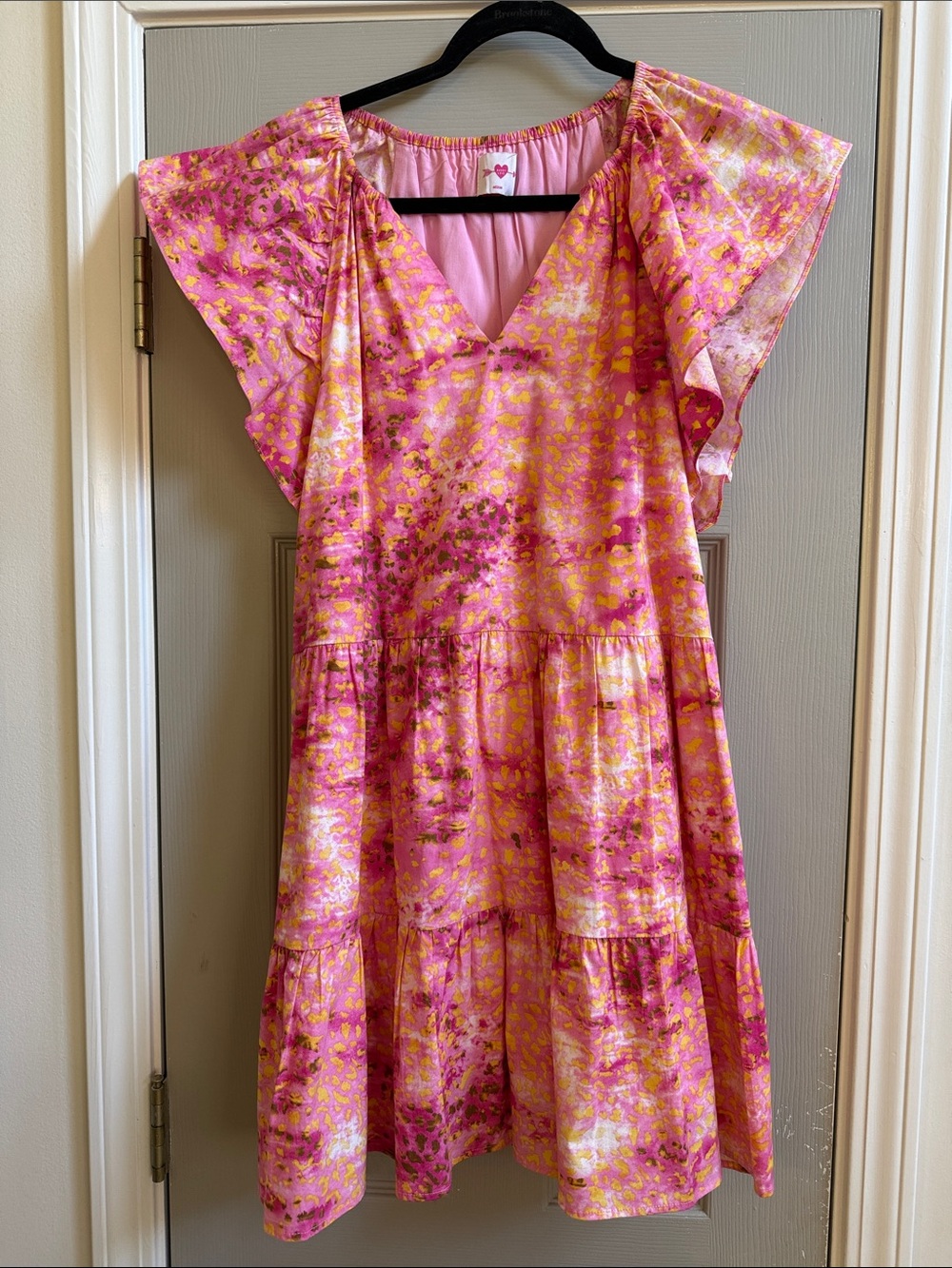 Buddy Love Pink and Yellow Floral Tiered V-Neck Mini Dress